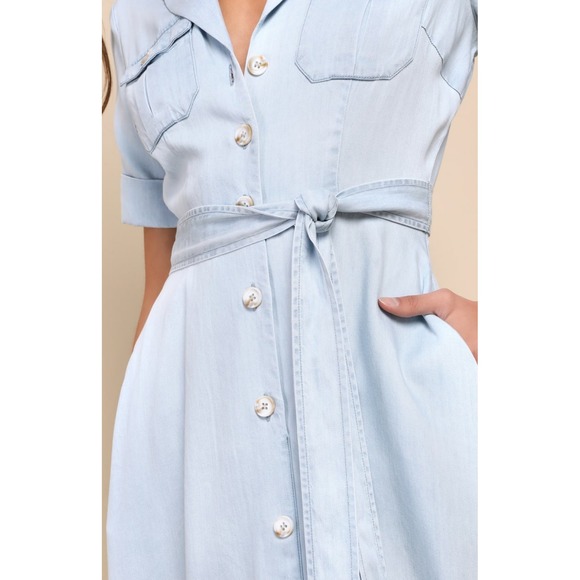 NWT Lulus Size Small Pleasant Cutie Blue Chambray Collared Midi Dress Pockets - Picture 3 of 11